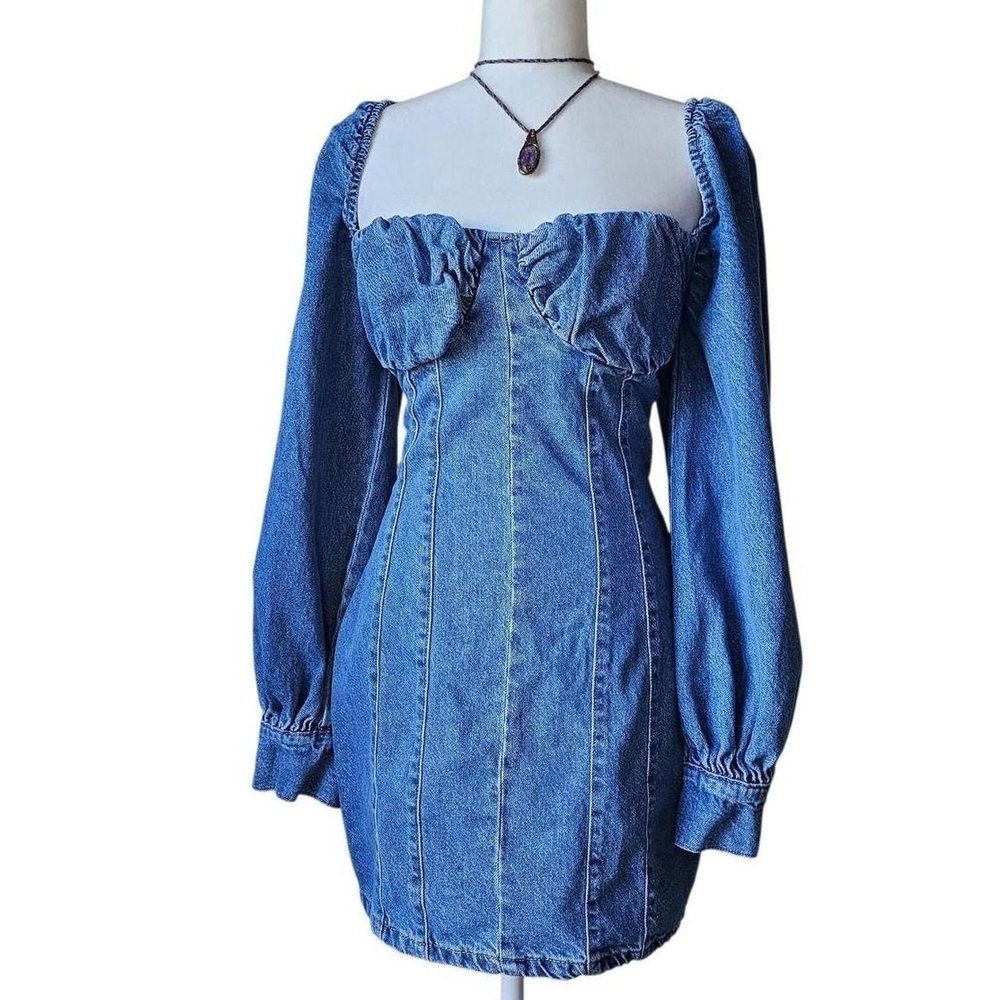 Nasty Gal Blue Denim Mini Bodycon Dress with Puffed Sleeves -Size 6